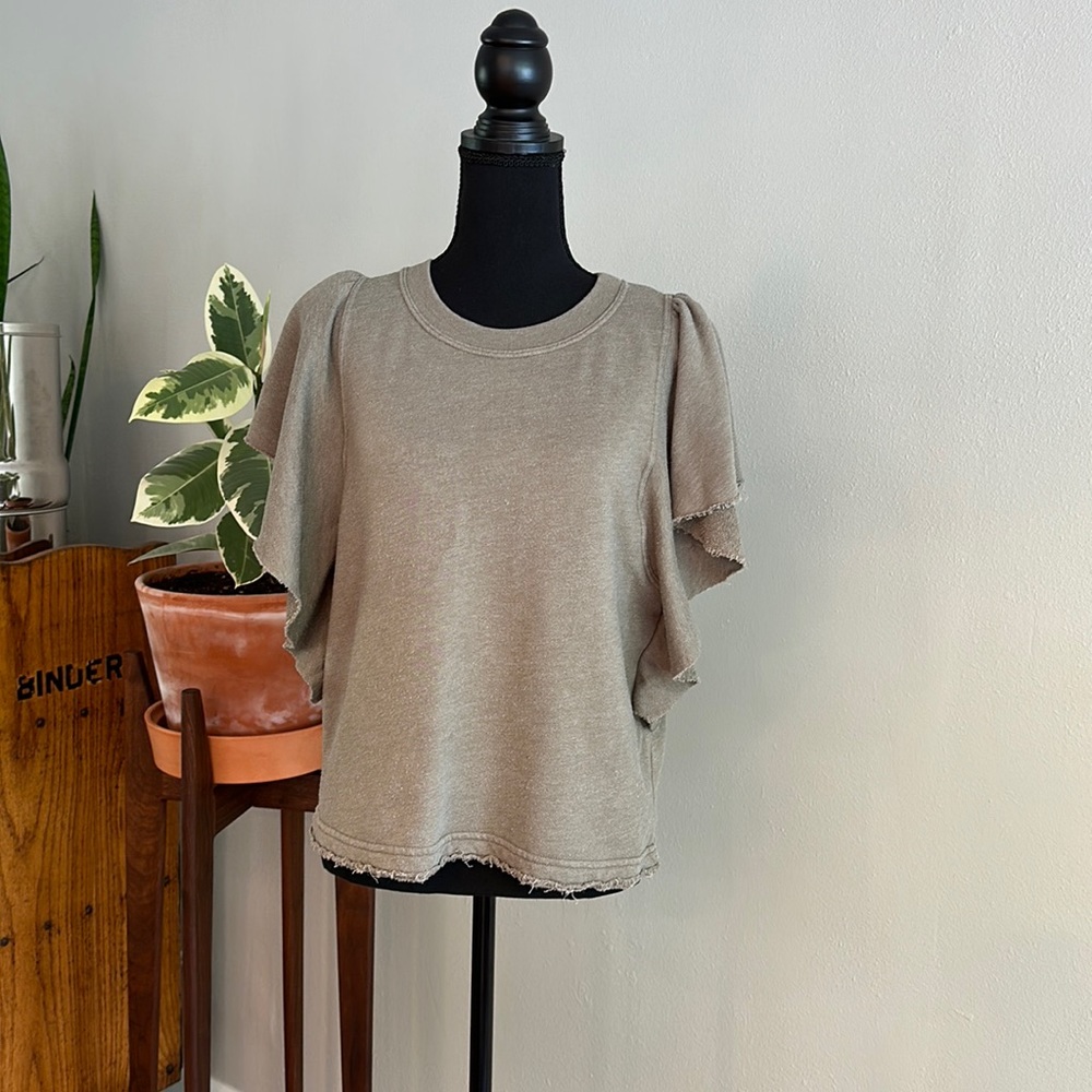 Michael Stars short sleeve, ruffle sweatshirt, green, size M